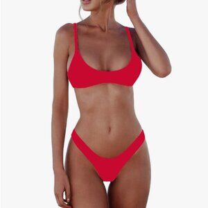 NWT SherryDC Women's Solid Scoop Neck Brazilian Thong Bikini